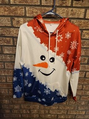 Snowman Holiday Hoodie - Red, White & Blue Snowflake Print Small Large
